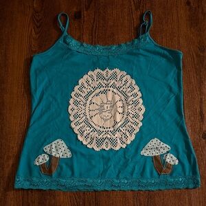 Teal Lace Trim Tank Top with Mushroom and Doily Patchwork Design